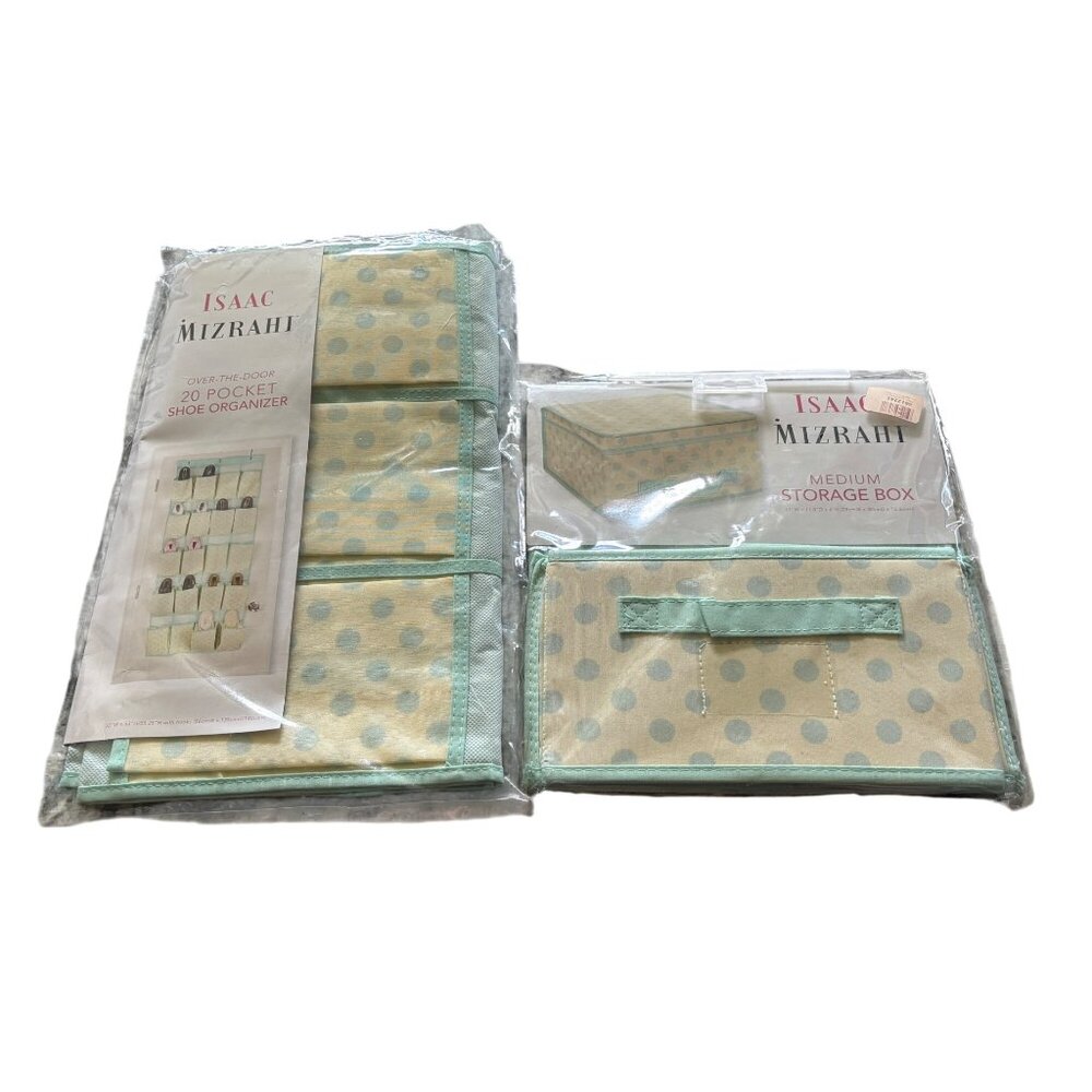 Isaac Mizzrahi Shoe Organizer & Medium Storage Box Beige w/ Green Polka Dots NEW